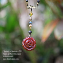 Load image into Gallery viewer, Our Lady of Woodstock 2021ʻs TRIPLE GODDESS - Beech Wood (Virgin) + Faceted Chrysocolla (Mother) + Metalized Gold Rose (Crone)