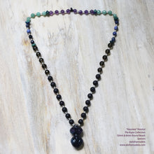 Load image into Gallery viewer, 10mm Lava and Smoky Quarz, 8mm Faceted Sodalite + Green Aventurine + Amethyst, Azurite Saucers, Beautiful Fluorite Goddess Focal
