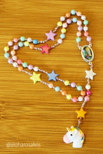 Load image into Gallery viewer, Divine Mother says pray and play! Pastel plastic colored 6mm beads and stars makes this rosary very light and bright. Hand knotted with a touch of unicorn love.

